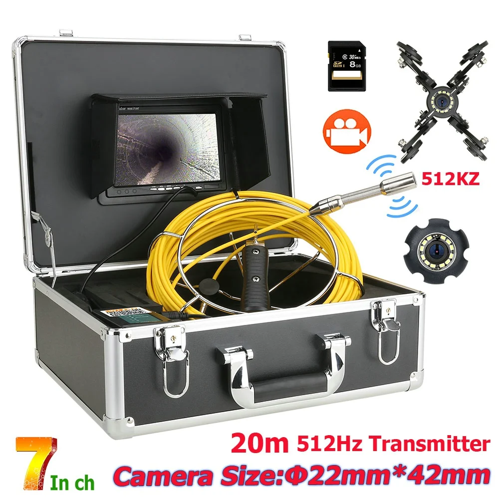 

7" Monitor 20/30/40/50M DVR 512hz Transmitter Built-in Camera Pipe Sewer Drain Inspection System Kit with 12PCS LED Lights