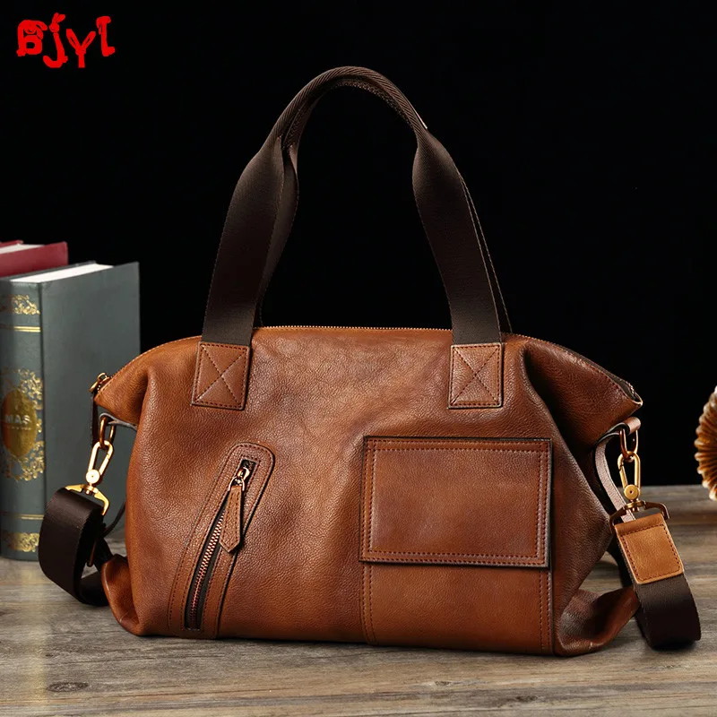 Vintage Leather Men\'s Bag Men Handbags Laptop Briefcase Shoulder Messenger Bag Contrast Male Travel Bags First Layer Leather