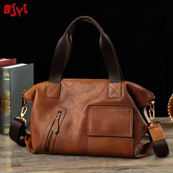 Vintage Leather Men's Bag Men Handbags Laptop Briefcase Shoulder Messenger Bag Contrast Male Travel Bags First Layer Leather