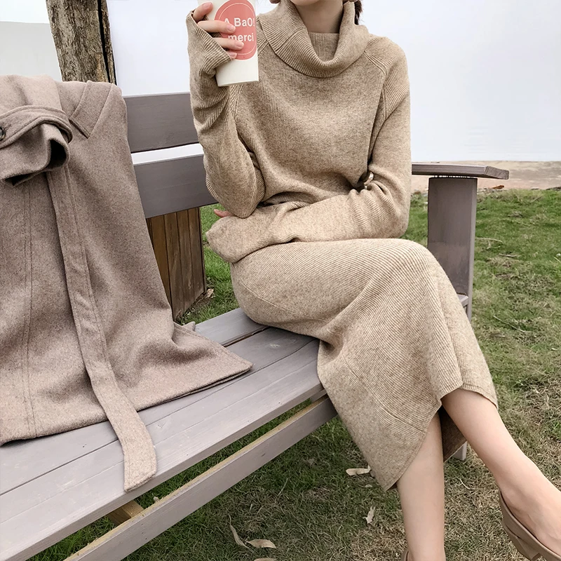 Women's Loose Drawstring Midi Dress 2022 Elegant Plain Turtleneck Long Dresses Female Slimming Knitting Vestidos