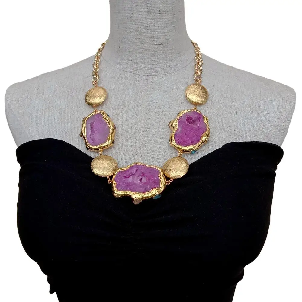 Y·YING Fuchsia Agate Slice Gold Plated Brushed Coin Bead Chain Necklace 24