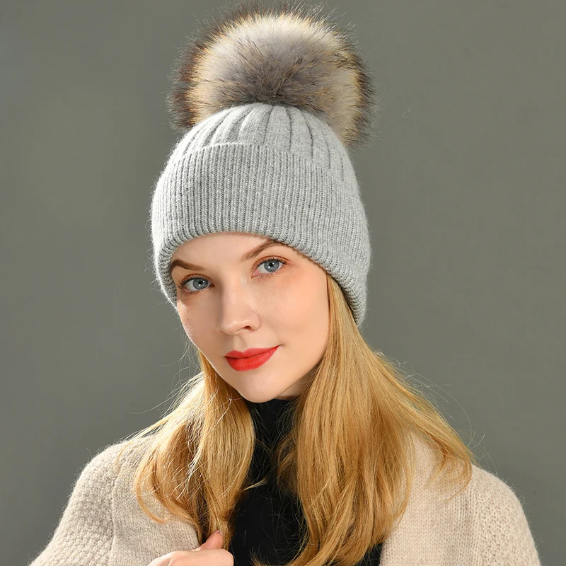 Women Winter Hat Female Removable Real Raccoon Fur Pompom Hat Cap Wool Knitted Hat Natural Fur Pompon Hat for Women Beanies