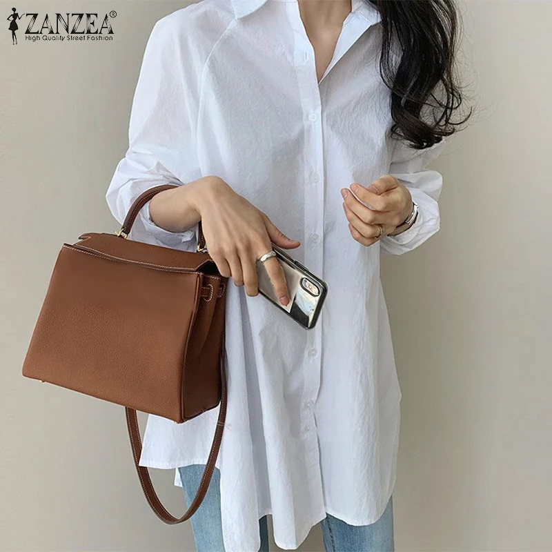 ZANZEA Women Autumn Blouse 2023 Fashion Lapel Long Sleeve White Shirts Asymmetrical Tops Casual Solid Buttons Blusas