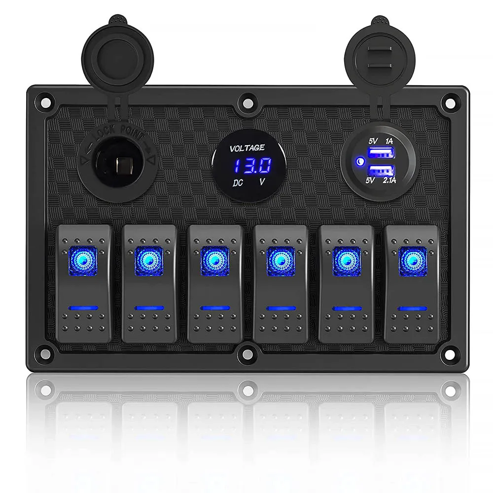 

Waterproof 6 Gang Marine Boat Rocker Switch Panel 12V/24V with Dual USB Slot Socket + Voltmeter + Cigarette Lighter for Car Rv