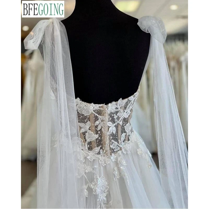 Ivory Lace Tulle Sweetheart Floor-Length A-Line Wedding Gowns Chapel Train Custom Made Bridal Dresses