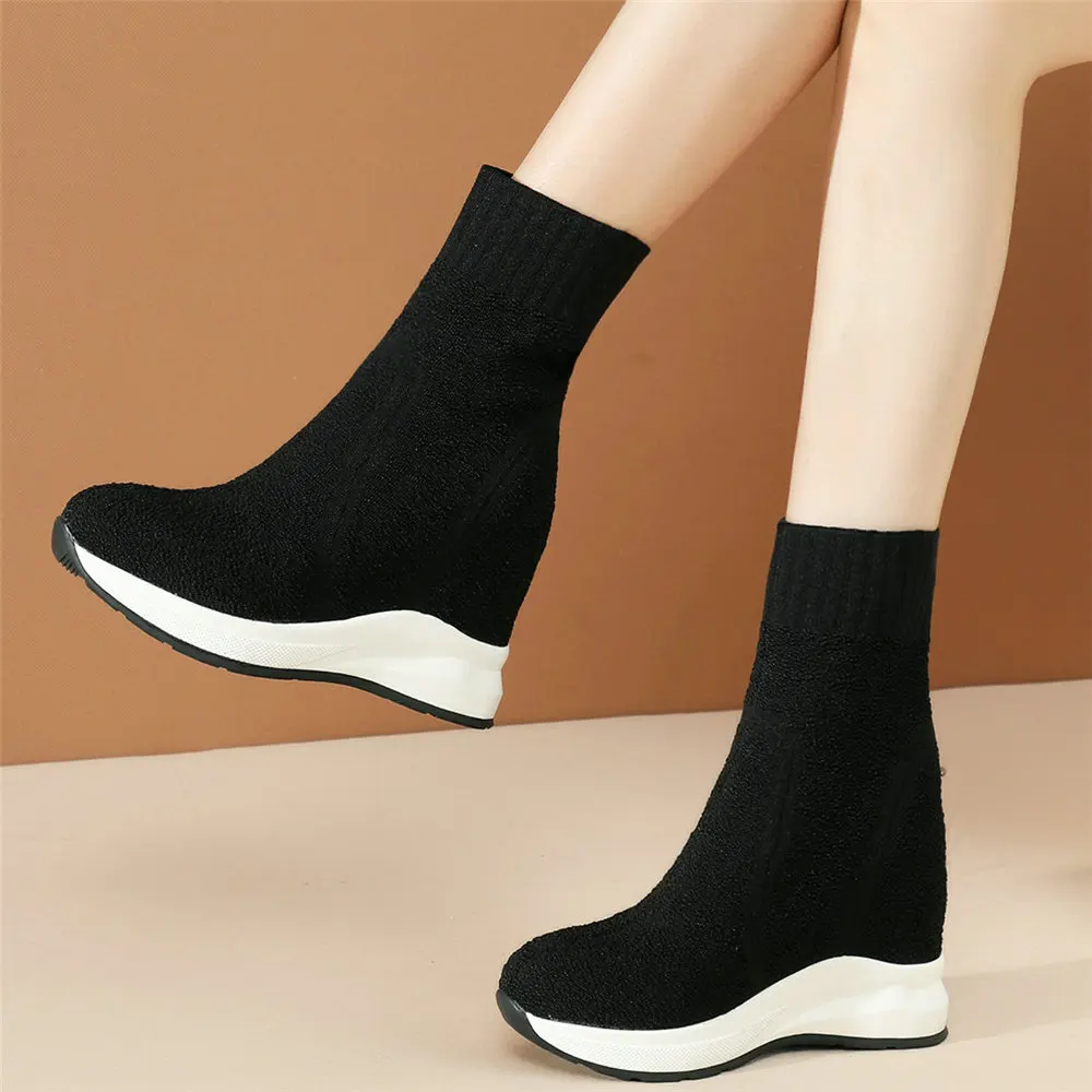 

High Top Creepers Women Knitting Wedges High Heel Ankle Boots Female Round Toe Chunky Platform Fashion Sneakers Casual Shoes