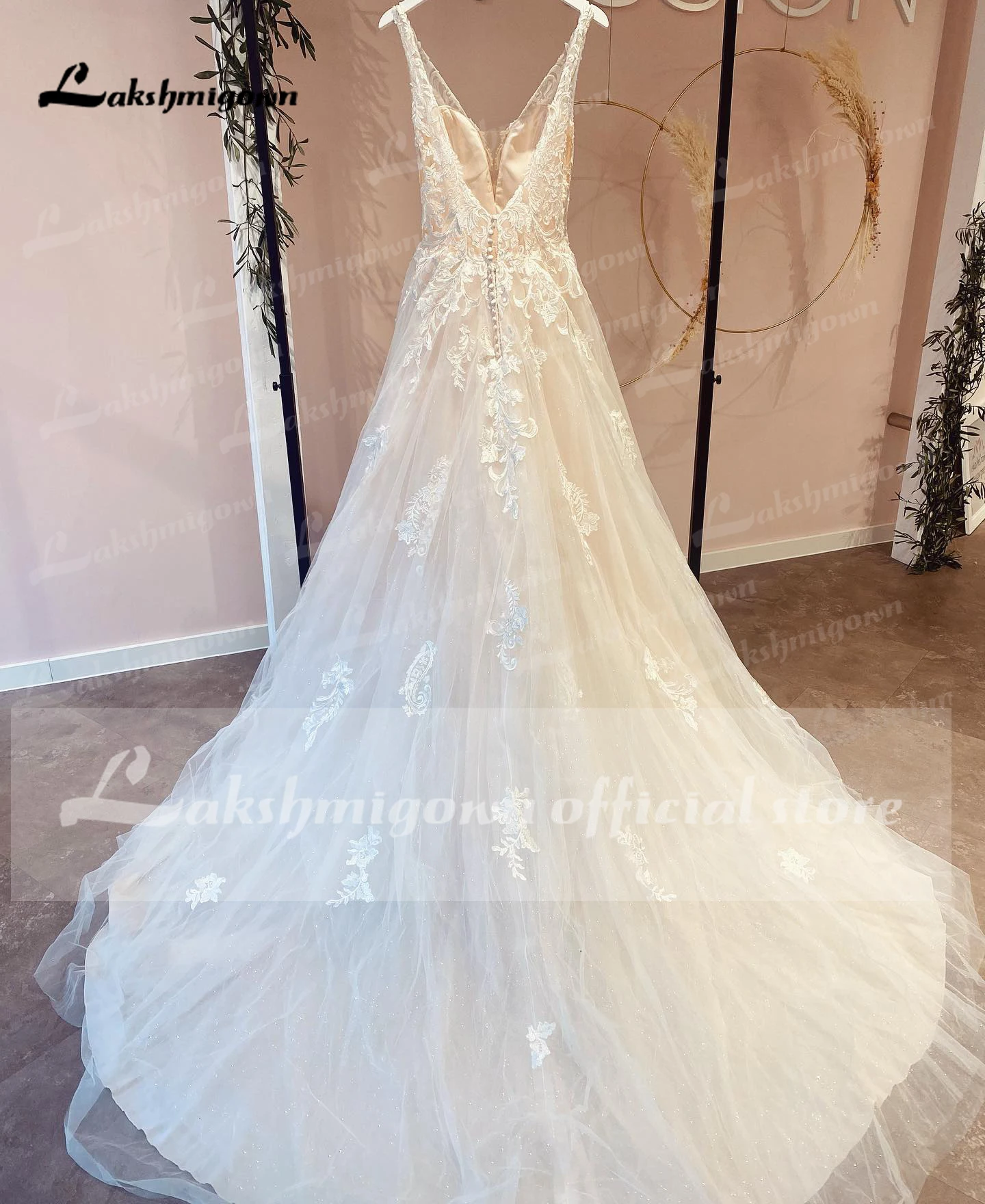 Gaun pernikahan applique motif bunga gaun pengantin gaun A-Line punggung terbuka kerah V gaun pengantin Tulle gaun pengantin jubah Mariee disesuaikan