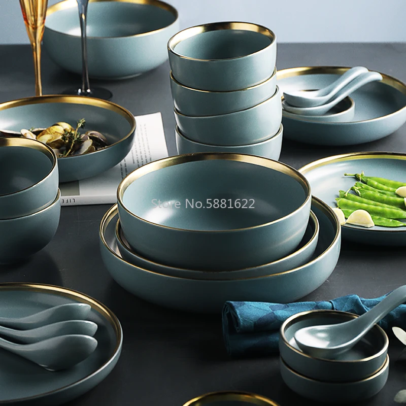 NEW Blue Golden Ceramic Plates Household Dishes Sauce Rice Bowls Soup Noodles Dinner Plate Steak Western Food Tableware