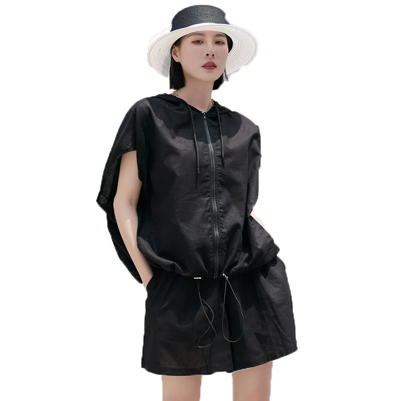 Ladies Short Sleeve T-Shirt Hoodie Summer New Classic Black Personality Fashion Street Trend Loose Large Size Hoodie Half Sleeve