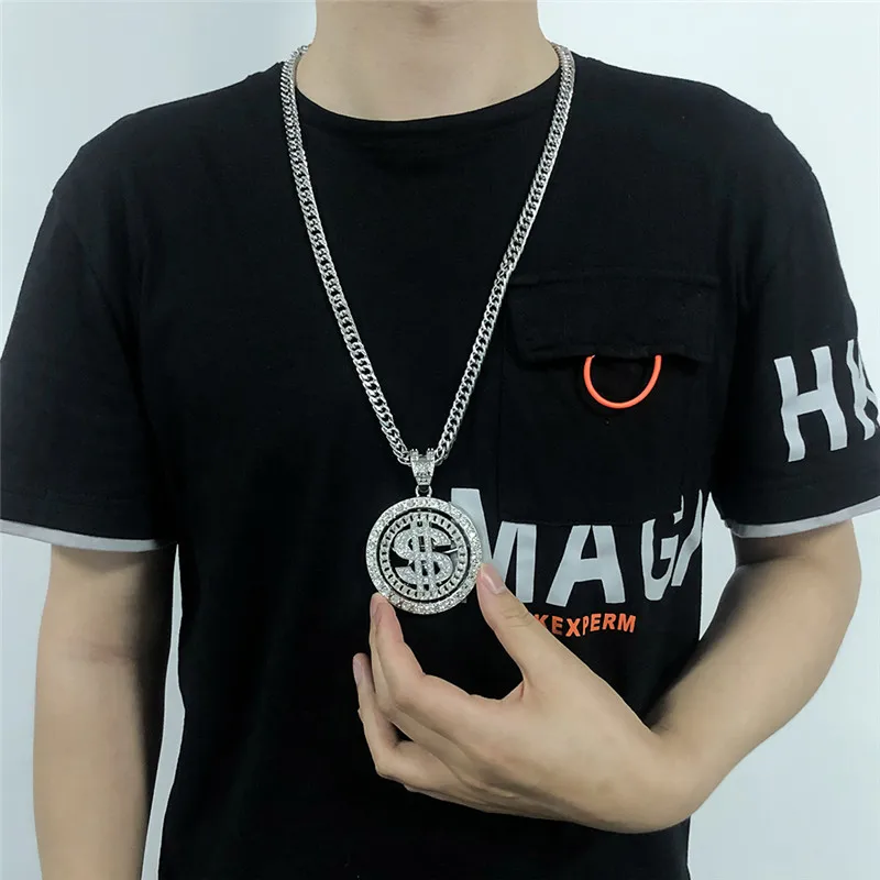 Hip Hop Gold Silver Color Rotating Dollar Pendant Long Necklace Rhinestone Men Boy Jewelry Rotating Disc Necklace Accessories