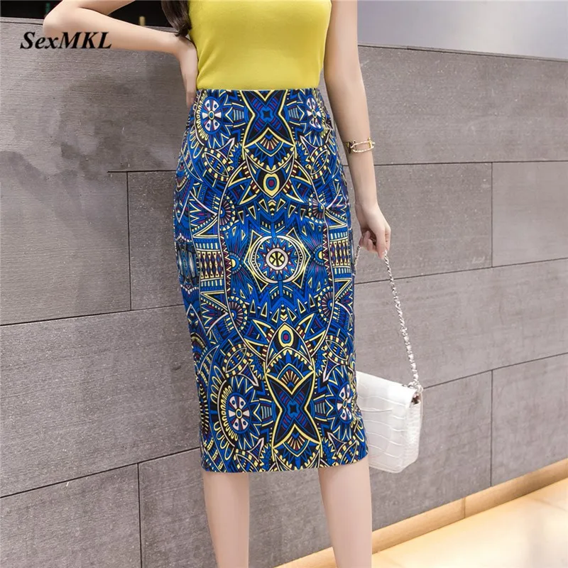 SEXMKL Knee Length Printed Pencil Skirts Womens 2024 Korean Fashion High Waist Skirt Office Sexy Lady Elegant Summer Plain Skirt