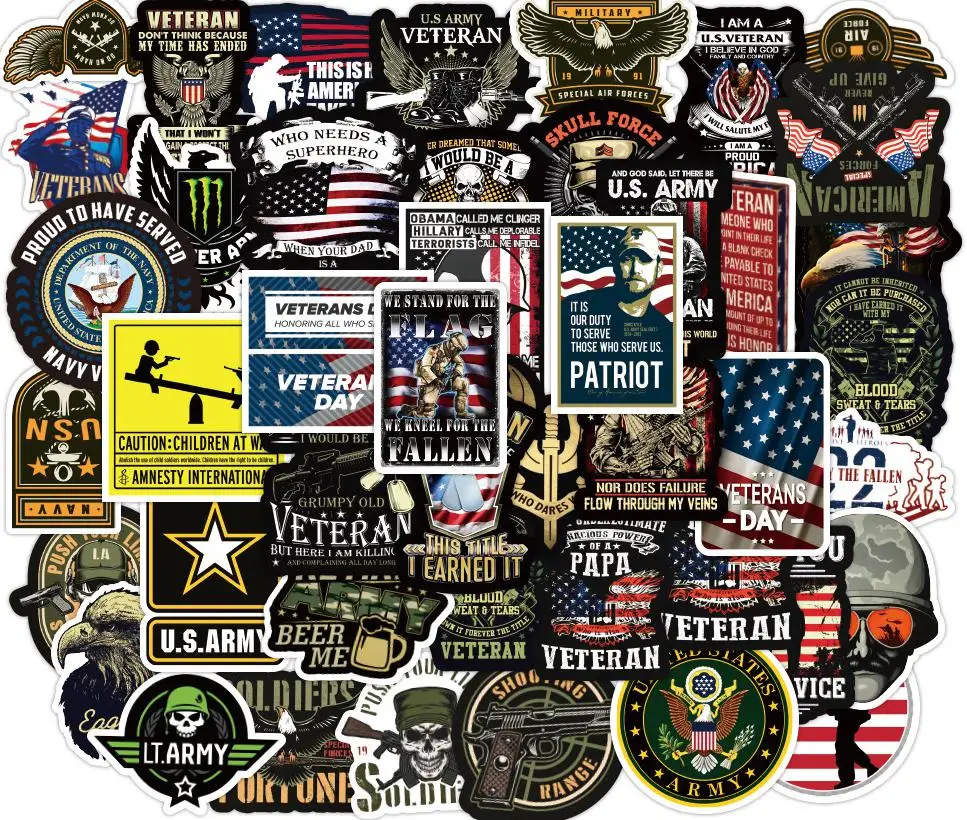10/30/50pcs Cartoon Commemorative Veterans Graffiti Military Equipment War Stickers Bear Unicorn School Student Diary Trunk
