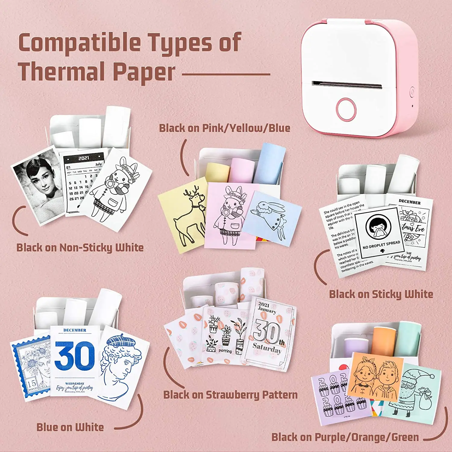 Phomemo-Thermal Printer Paper, uso para etiquetas de impressora térmica, Sticky Fit, DIY Textos fotográficos, Study Notes Printing, T02, 53mm