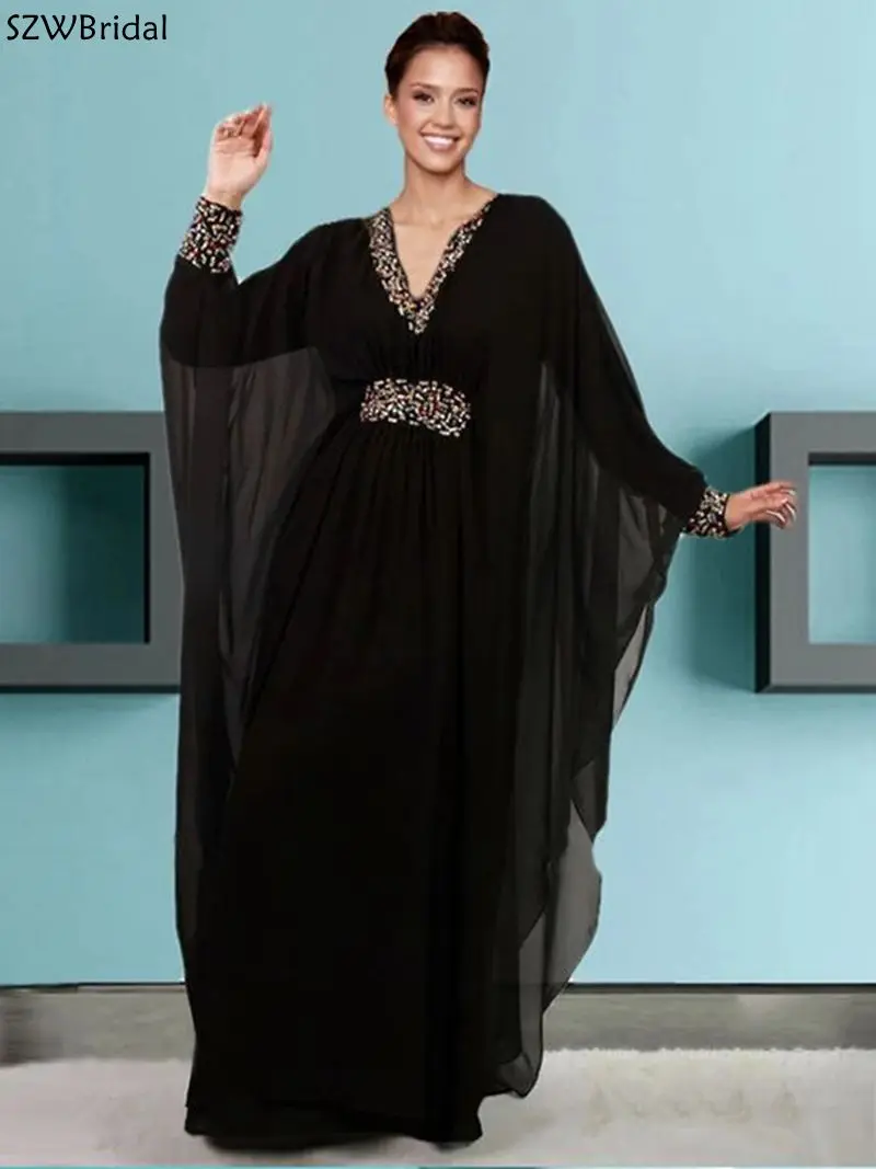 Vestido Beading Balck Evening Dresses Moroccan Caftan Dubai V-neck Long Sleeve Chiffon Kaftan Robe Prom Party Gowns Plus Size