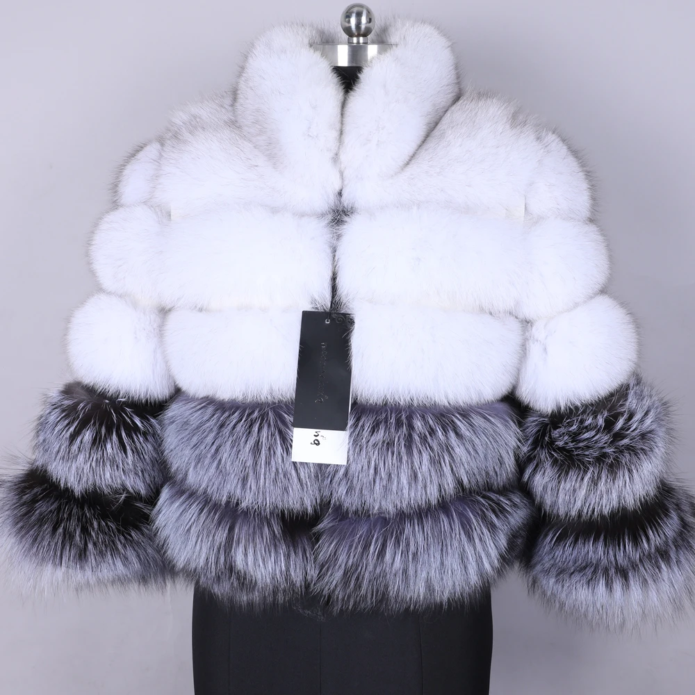 MMK Women's Warm Jacket 100% real fur Fashion natural fox fur coat Vest stand collar long sleeve fur coat Natural fur coat