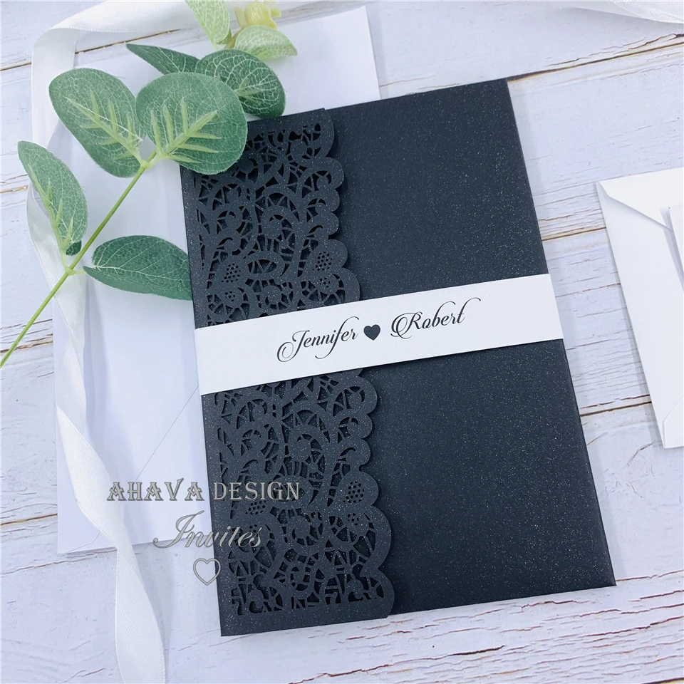 Black And White Tri-fold Lace Laser Cut Wedding Invite With Belly Band And RSVP Card