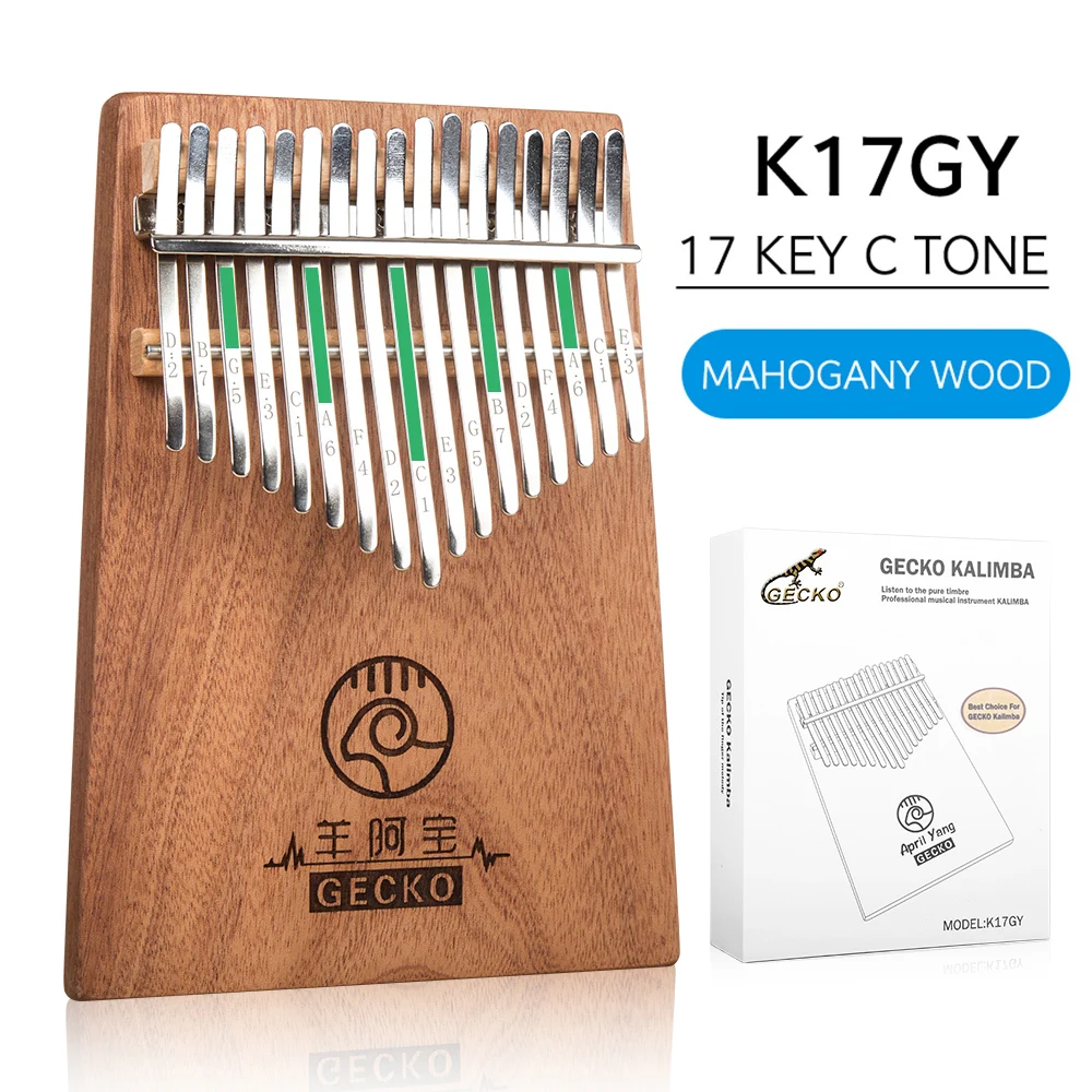 GECKO Kalimba 17 Keys Full veneer solid Mahogany Body,with Instruction and Tune Hammer, Portable Thumb Piano C Tone K17GY