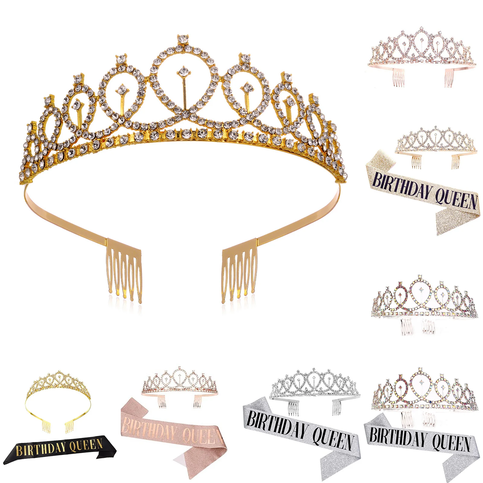 Bling Rhinestone Crystal Crown Tiara Women Birthday Anniversary Decoration Happy 21 30th Birthday Satin Sash Party Supplies