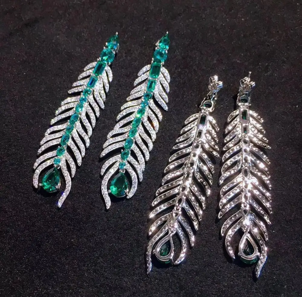 green and white color mixed feather earring long earring 925 sterling silver with cubic zircon fine women jewelry