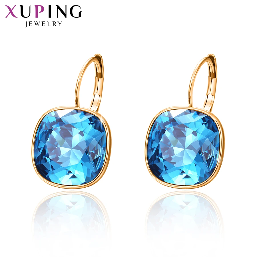 Kolczyki Xuping Jewelry z kwadratowymi, kolorowymi kamieniami, romantyczne, pozłacane, z kryształami, dla kobiet i dziewcząt, na imprezę, do pracy, na prezent, model 20404