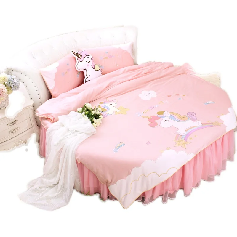 Pink Unicorn LUXURY LACE Satin Bedding Set Queen King Size RoundCorner Bedding Kit Duvetcover Set Besheet Comforter Cover Sets