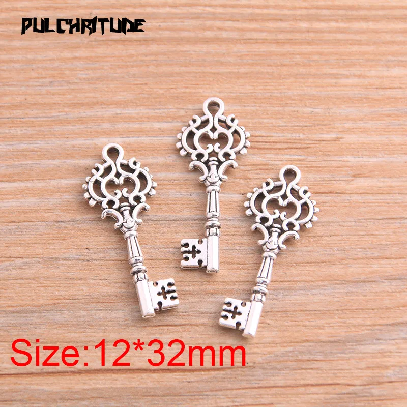 20pcs 12*32mm Two Color Small Hollow Key Charms Pendants Handmade Decoration Vintage For DIY Jewelry Making Findings