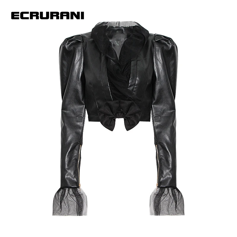 

ECRURANI Black Patchwork PU Bowknot Mesh Jackets For Women V Neck Flare Sleeve Solid Coat Female Fashion New Clothing 2021 Style