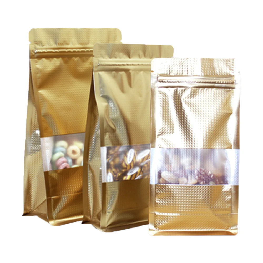 

30Pcs Stand Up Gold Mylar Foil Frosted Window Organ Bag Embossing Zipper Seal Resealable Side Gusset Food Storage Pack Pouches