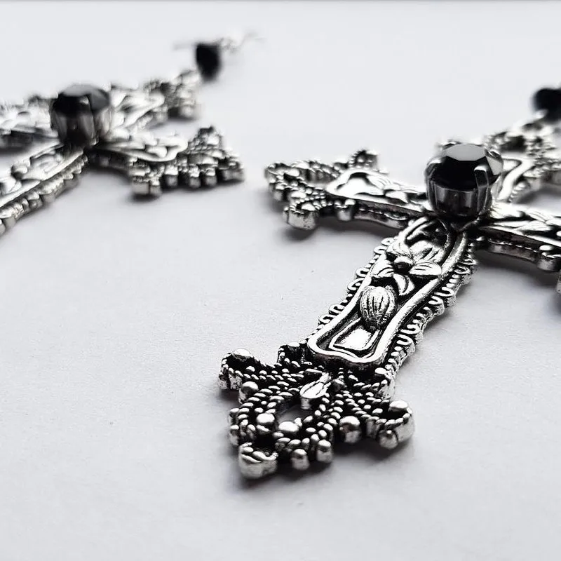 Gothic Large Detailed Cross Black Drill Jewel Earrings Punk Halloween Jewellery Creativity Fashion Gorgeous Statement Women Gift