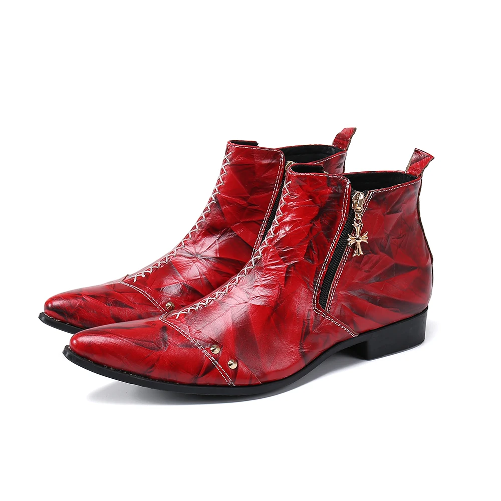 Autumn Red high-Top Trendy Party Dress Shoes Men Ankle Boots British Men\'s Pointed Toe Genuine Leather Short Boots Western Boots