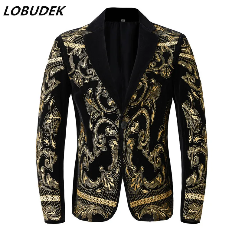 

Men's Black Velvet Embroidered Floral Blazer Stage Singer Costume England Style Male Vintage Court Coat Casual Suit Jacket 3XL