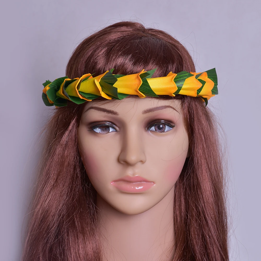 Free Shipping HL0065-3B 50pcs/lot Foam Hala Headband Sesame Flower &Small Maile Leaves Tropical Hawaiian Necklace Wholesales