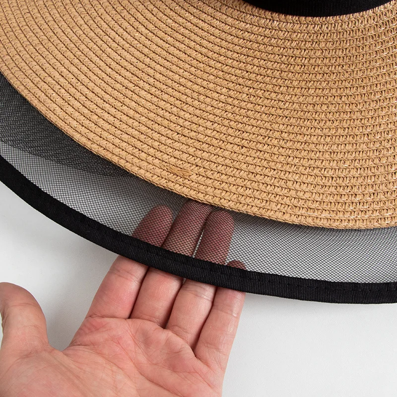 S09 Straw hat Summer New Style Black Mesh Female Summer Sunscreen Cover Seaside Vacation Holiday Foldable Beach Hat Sun Visor