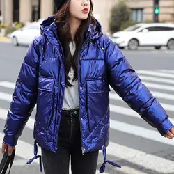 Winter Cotton Women's Down Jacket Hooded Long Sleeve Cardigan Zipper Pockets Loose Solid Thick Nice Casual Down Jacket