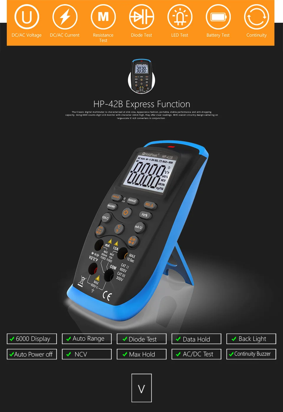 Digital Multimeter TRMS 6000 Counts Voltmeter Ammeter Ohmmeter for AC DC Volt &Current, Ohm,Capacitance,Temp,Hz and Diode Tester