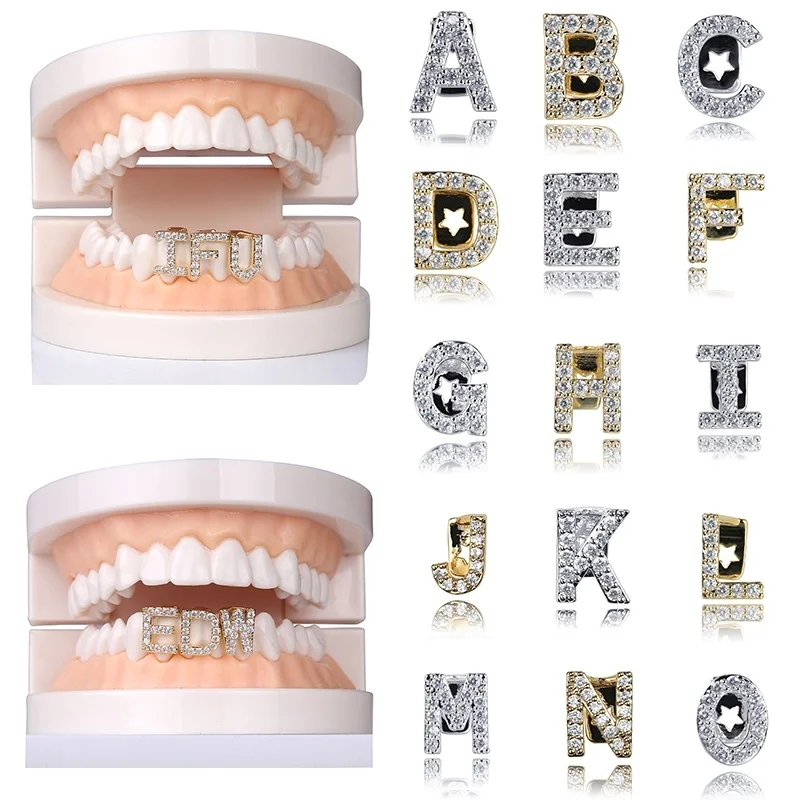 26 Letter AAA Cubic Zirconia Tooth Teeth Dental Grills Hip Hop Jewelry Accessories Iced Out Grills Unisex Body Statement Jewelry