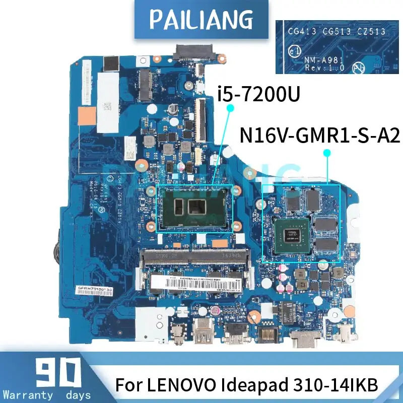 For LENOVO Ideapad 310-14IKB Laptop motherboard i5-7200U i7-7500U NM-A981 5B20M29364 SR2ZU N16V-GMR1-S-A2 Notebook  Mainboard