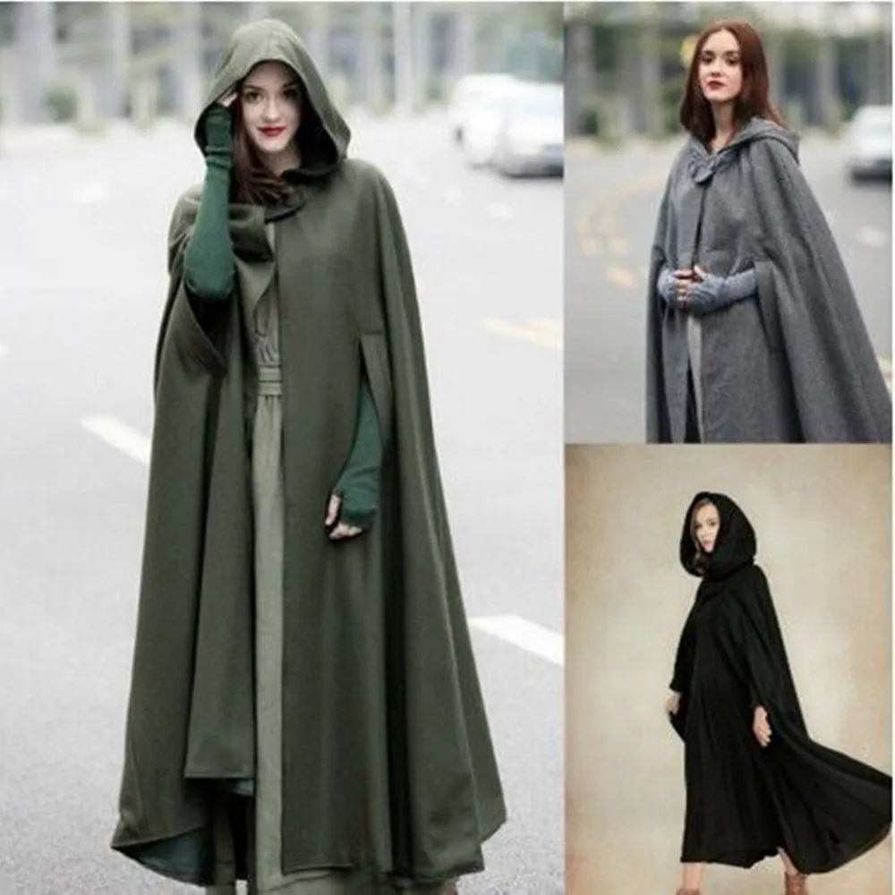 2020 Fashion Women's Capes & Cloaks Hooded Lace-up Shawl Lengthened Cape Womens Autumn Three-quarter Sleeves Long Woolen Coat