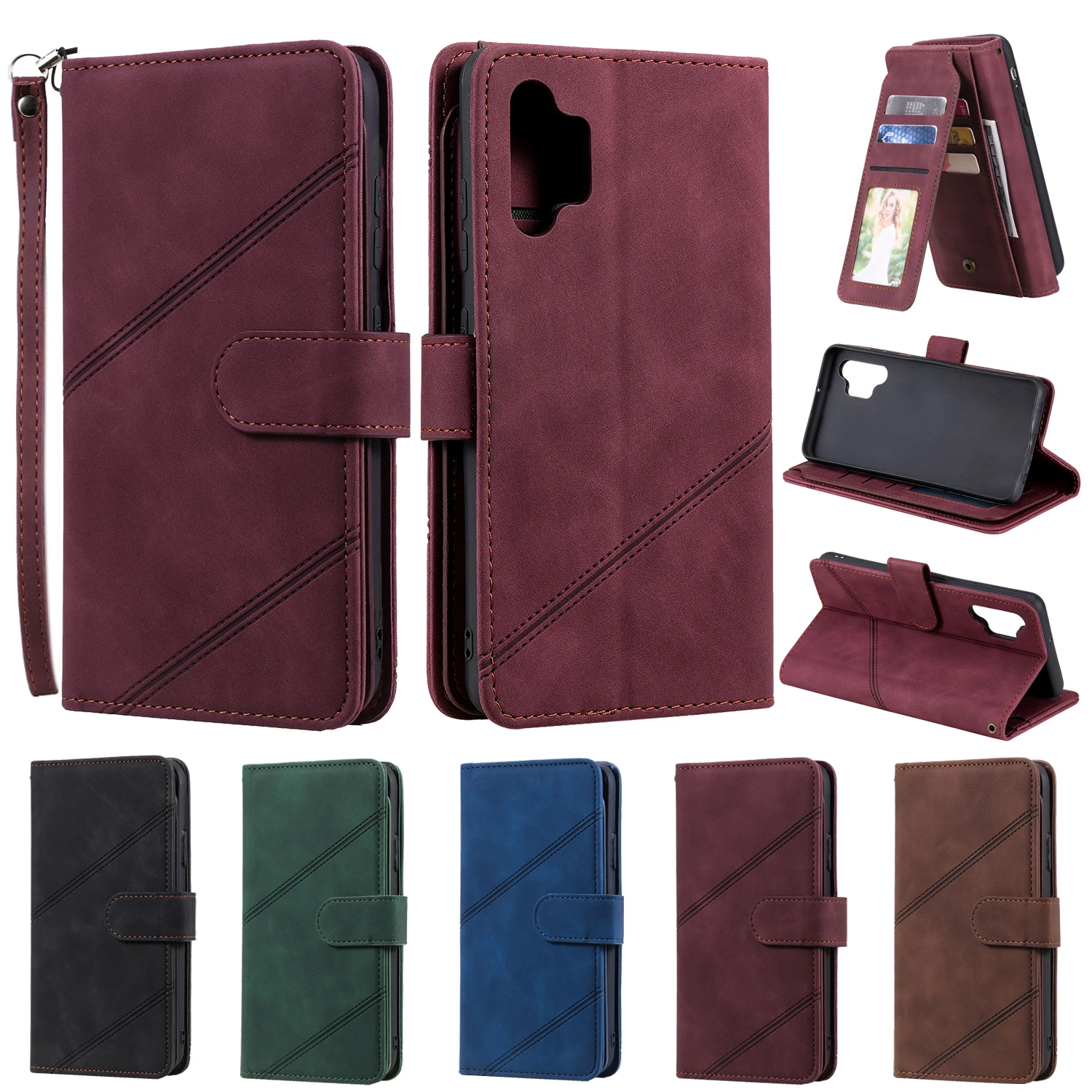 Leather Flip Cover For Galaxy A20E A21S A02S A12 A42 M42 5G A52 A72 A32 4G Stand Bag 9 Cards Slots Holder Wallet Soft Photo