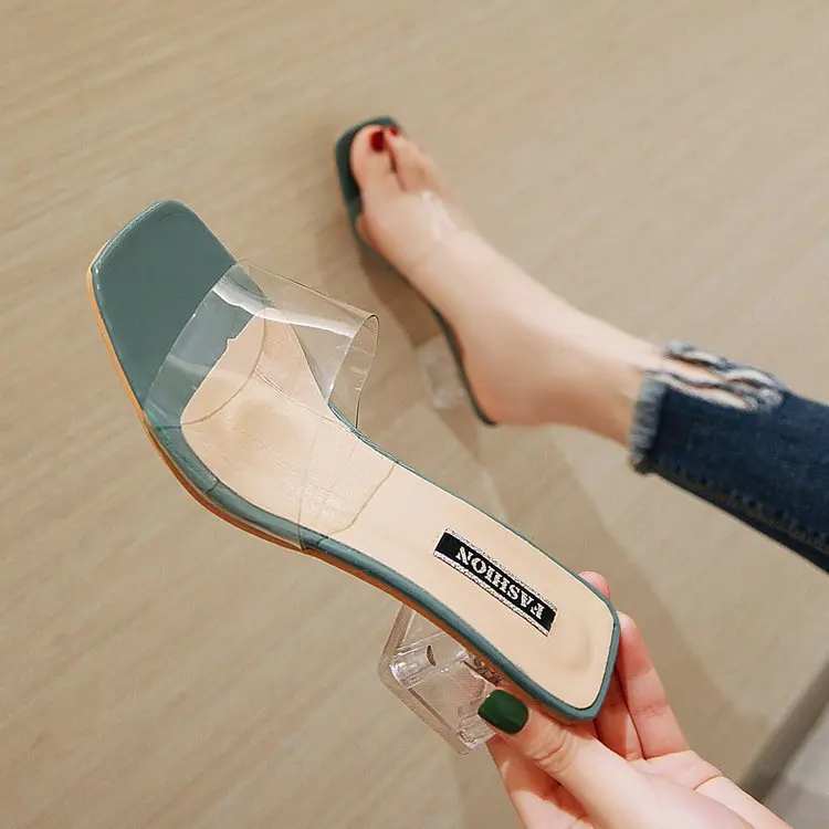 Women Sandals Shoes Celebrity Wearing Simple Style PVC Clear Strappy Buckle High Heels Woman Transparent Heels Yellow 889