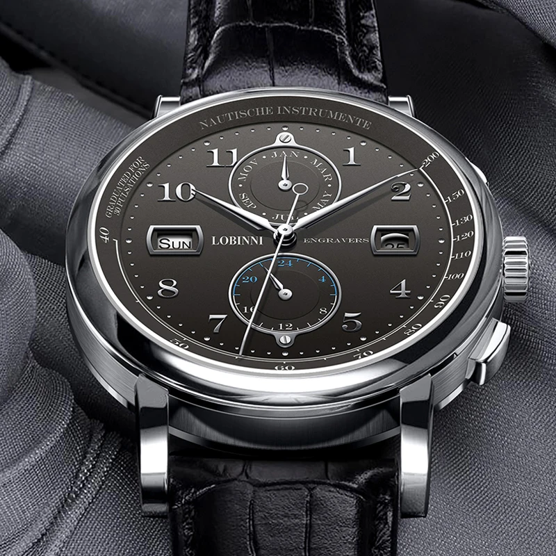LOBINNI العلامة التجارية الجديدة الفاخرة التلقائي ساعة ميكانيكية الرجال حزام من الجلد الطبيعي متعددة الوظائف ساعات المعصم الذكور