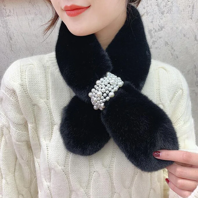 Korean Female Soft Faux Rabbit Fur Cross Pearl Scarves Winter Plush Thicken Windproof Warm Neck Guard False Collar Scarf O51