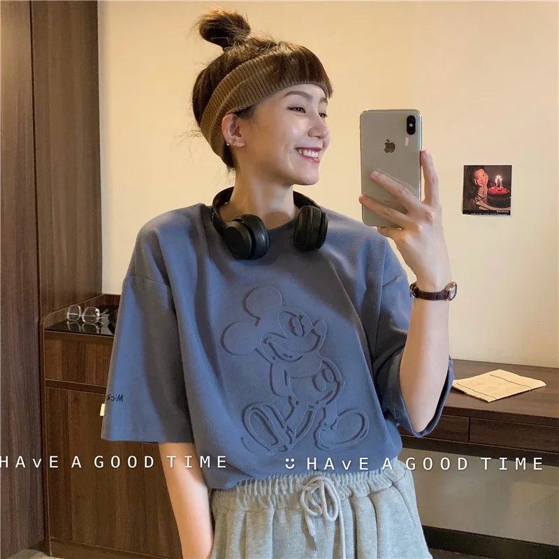 Cartoon Cotton Summer Mickey Mouse Loose Mid-length Women T-shirt Harajuku Shirt Korean Clothes Womens Clothing Harajuku Tshirt