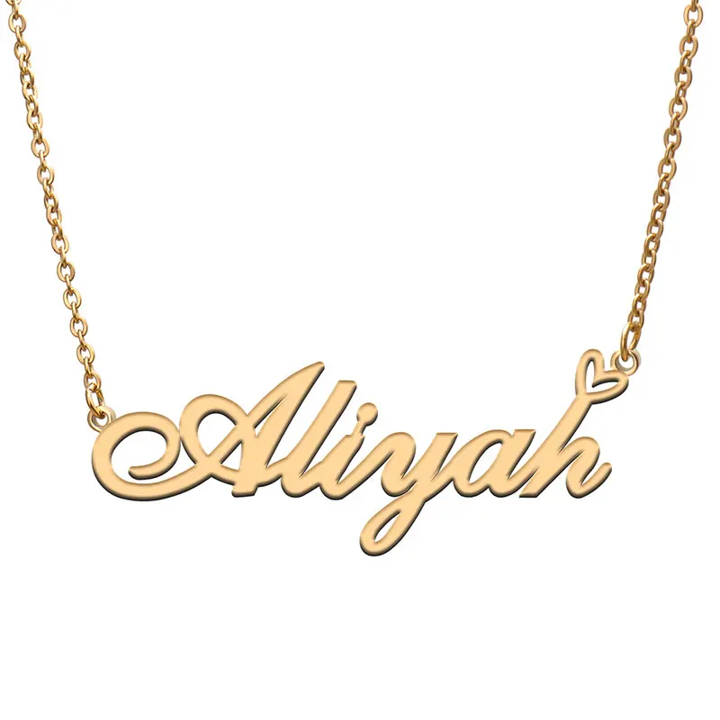 Aliyah Name with Love Heart Necklace for Women Stainless Steel Jewelry Nameplate Pendant Femme Mother Girls Gift