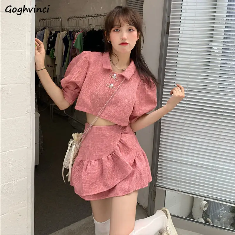 Women Sets Sweet Solid Short Puff Sleeve Tops Ruffles Mini Skirts Preppy Style Simple Streetwear All-match Female Summer Daily