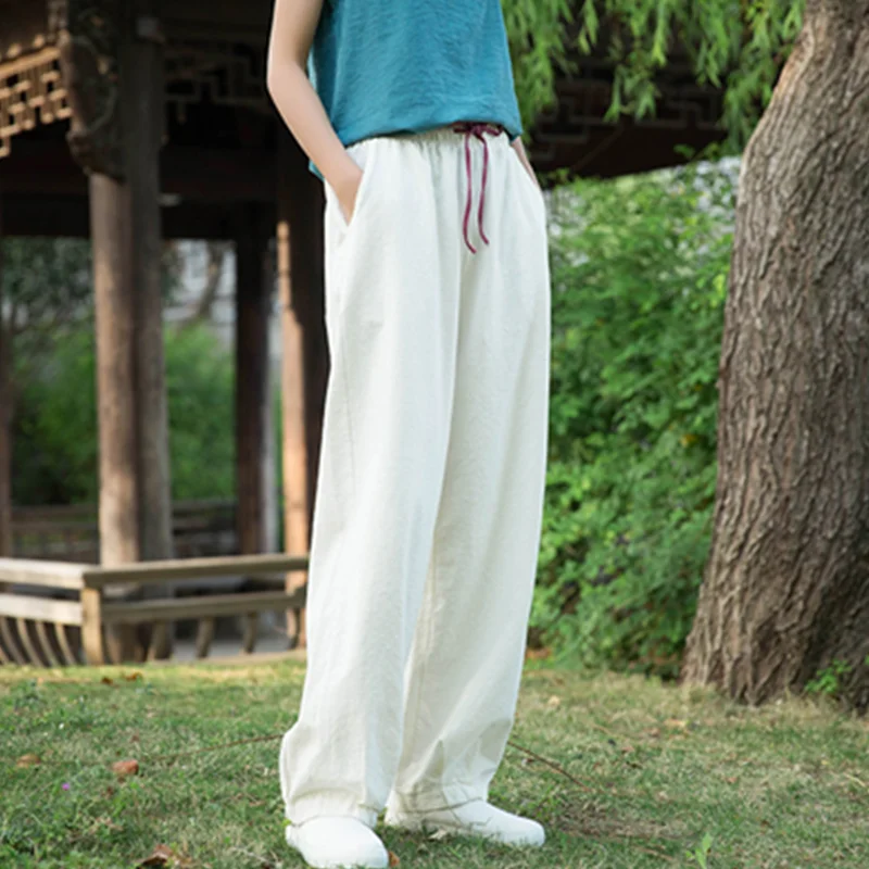 Wide Leg Harem Pants Trousers Chinese Style Streetwear Women Ethnic Vintage Elastic Waist Loose Long Cotton Linen  Slacks