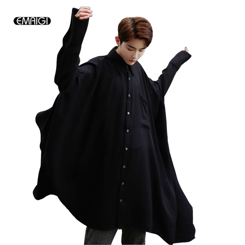 Autumn New Men Oversize Ultra-loose Long Sleeve Shirts Male Solid Color Male Fashion Casual Punk Gothic Style Shirt Black White