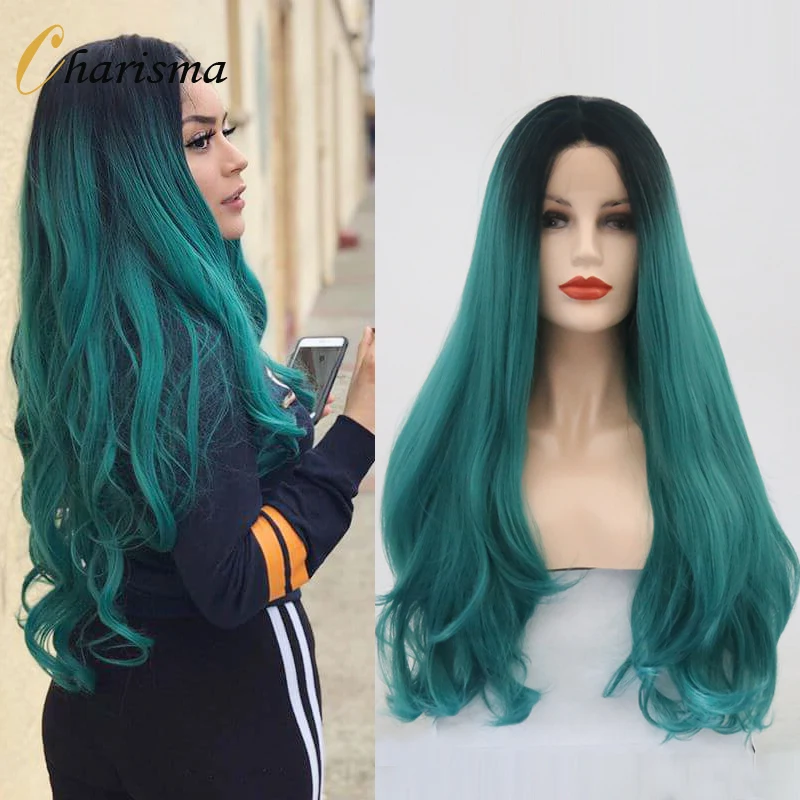 

Charisma Ombre Green Wig Synthetic Lace Front Wig Black Roots Long Wavy Synthetic Wigs for Women Middle Part Cosplay Wigs