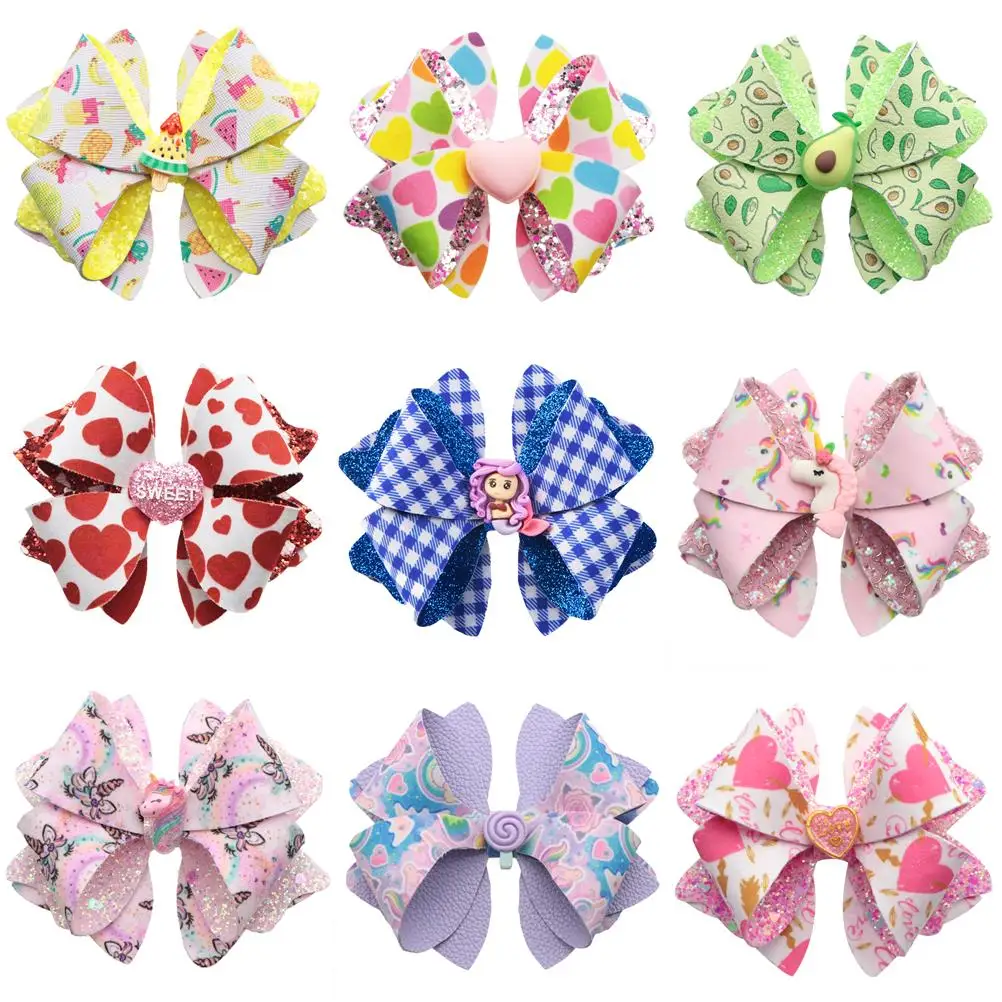 Printed Glitter Faux Leather Hair Bows DIY Making Kit with Pre Cut Pieces Material Pack without Clips for DIY Festival,1Yc20951