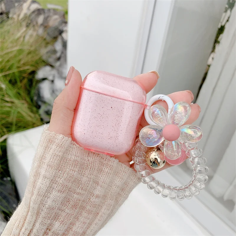 Stylish Transparent Glitter Earphone Case For Airpods 1 2 Flower Phone Line Keychain Headphone Protective Cover For Airpods Pro3